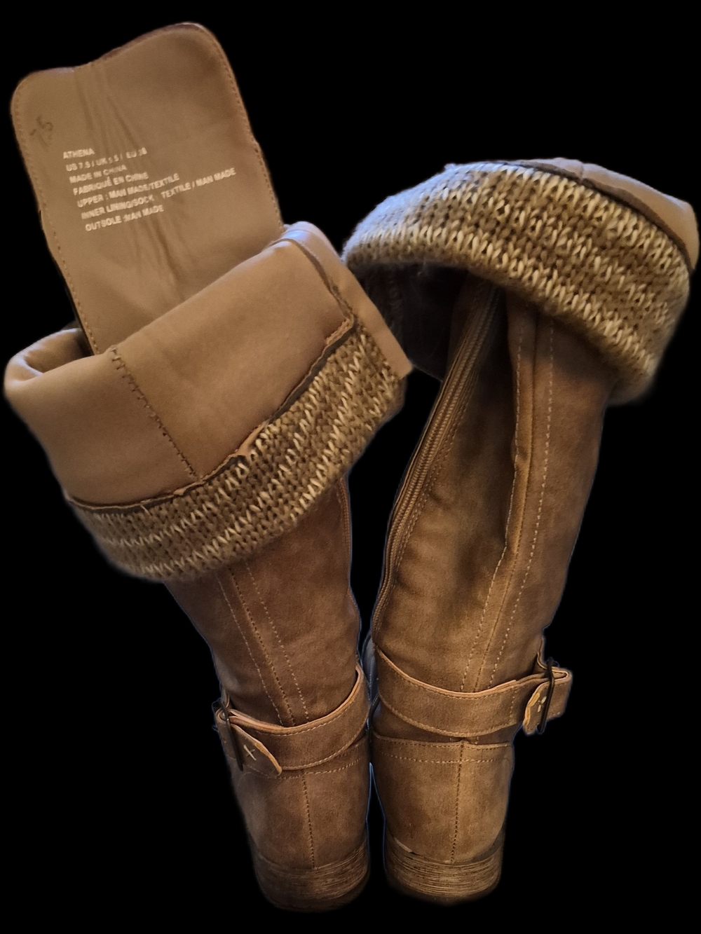 Knee High Knit Cuff Riding Boots - Tan - Picture 3 of 4